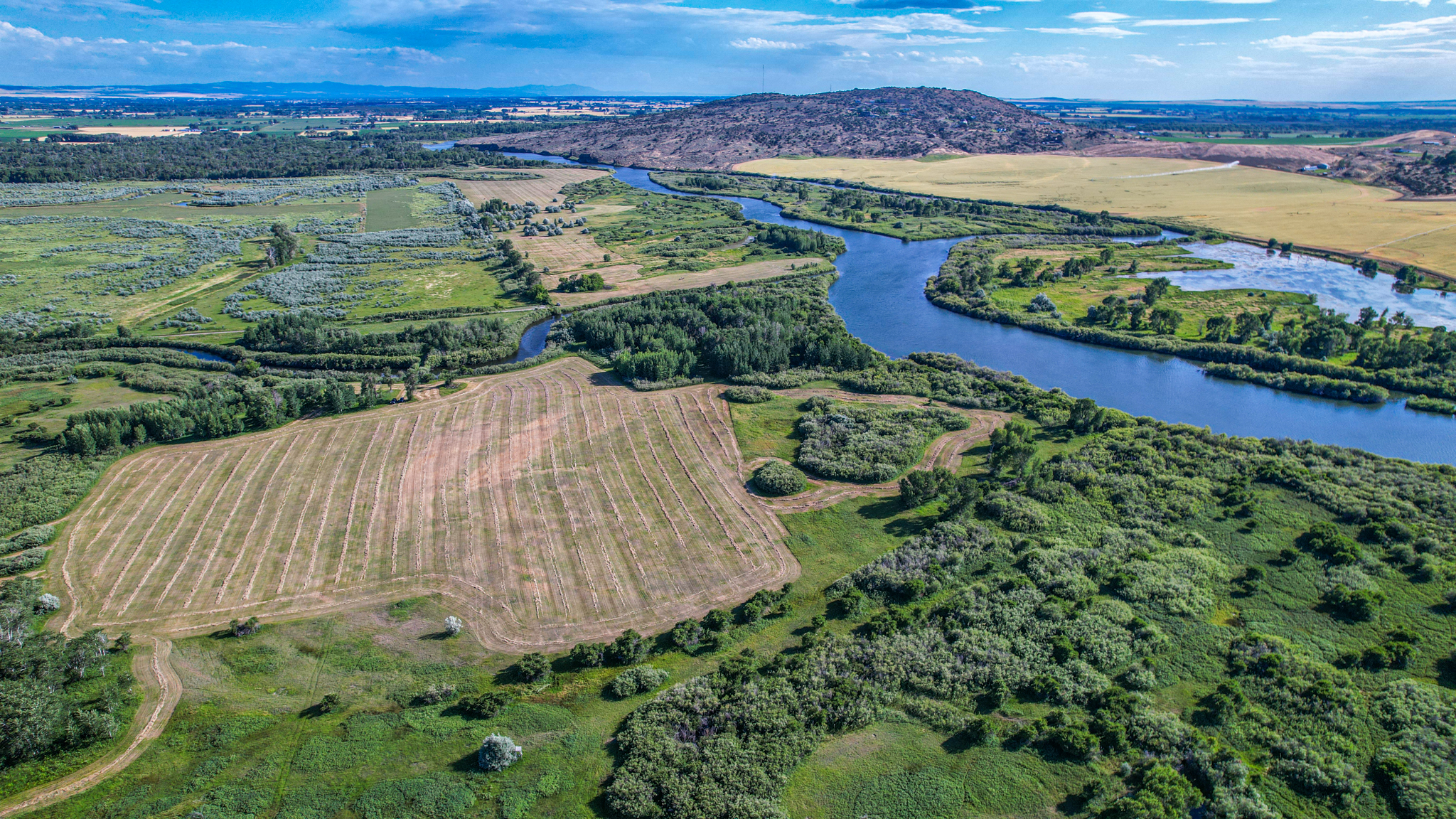 aerial view of farmland and river